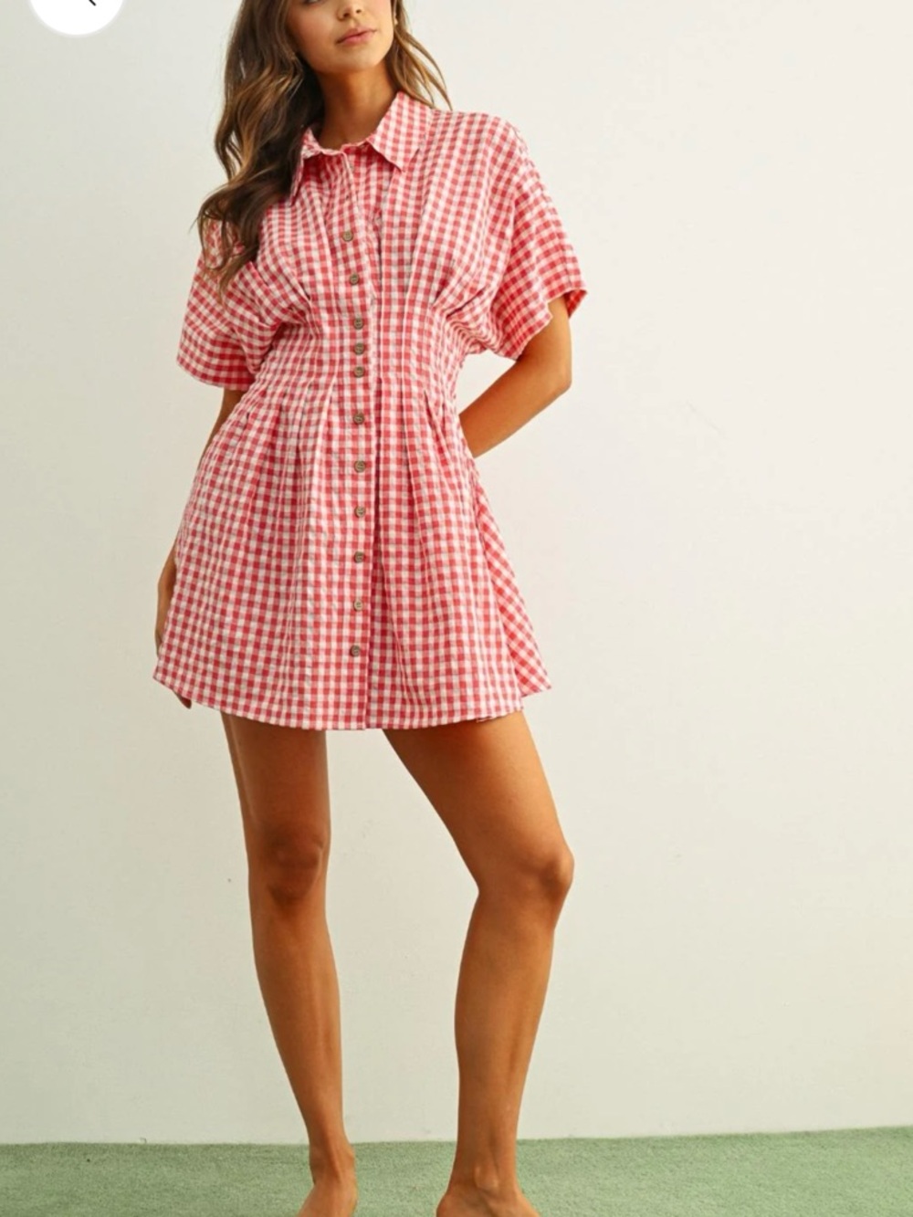 Button-Front Red Gingham Shirt Dress